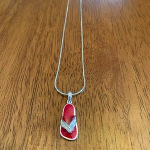 Red Enamel & Sterling Silver and Clear Crystals Flip Flop Necklace